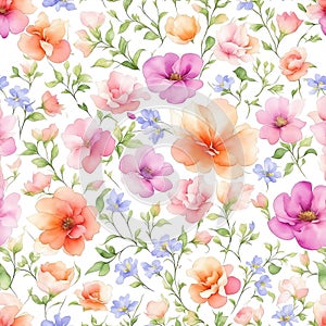 Watercolor flowers background, abstract floral seamless pattern isolated on white. Generative AI