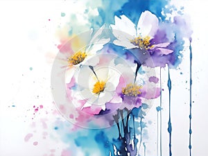 Watercolor flowers background, abstract flowers made from watercolor paint splashes isolated on white