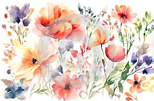 Watercolor flowers background, abstract flowers made from watercolor paint splashes isolated on white