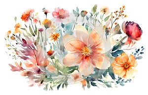 Watercolor flowers background, abstract flowers made from watercolor paint splashes isolated on white