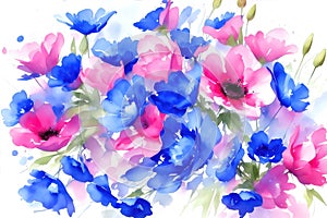 Watercolor flowers background, abstract flowers made from watercolor paint splashes isolated on white