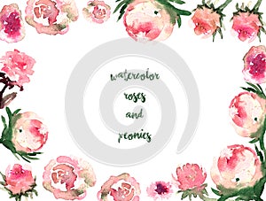 watercolor flowers banner.Roses and peonies