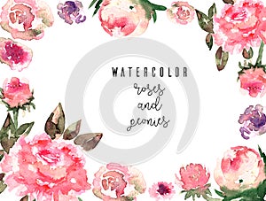 watercolor flowers banner.Roses and peonies