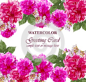 Watercolor flowers blossom card. Vintage colorful greeting card. Summer floral peonies. flower decoration bouquets