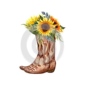 Watercolor Flowers in boots. Cowboy boot and sunflowers. Farmhouse rustic clipart isolated on white background.