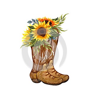 Watercolor Flowers in boots. Cowboy boot and sunflowers. Farmhouse rustic clipart isolated on white background.