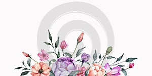 Watercolor Flowers Border with Colorful Vintage Flowers and Green Leaves Illustration