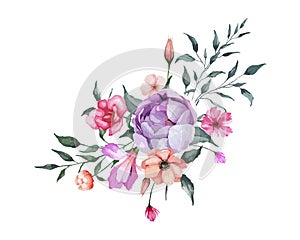 Watercolor Flowers Bouquet Clipart with Various Flower and Green Leaves Illustration