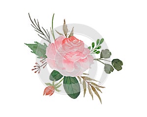 Watercolor Flowers Bouquet, Floral Arrangement with Roses and Green Leaves Illustration