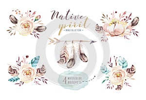 Watercolor flowers bouquets set with feathers. Watercolour color organic feather design print. Isolated illustration