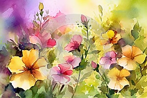 Watercolor flowers close-up illustration, summertime