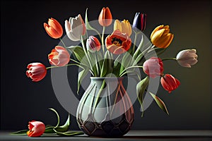 Watercolor flowers colorful bouquet of tulips in vase standing on black background with light classic design living room