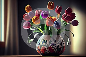 Watercolor flowers colorful bouquet of tulips in vase standing on black background with light classic design living room