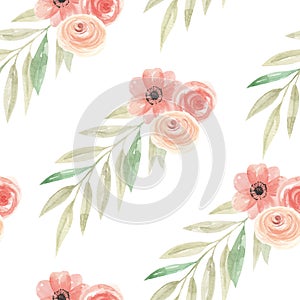 Watercolor Flowers Coral Green Peach Tropical Seamless Pattern Leaves