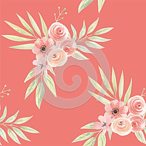 Watercolor Flowers Coral Green Peach Tropical Seamless Pattern Leaves