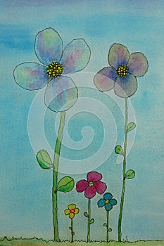 Watercolor flowers family on blue textured paper