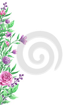 Watercolor flowers. Floral composition, place for text, frame. Design element for card, book cover, save the date.