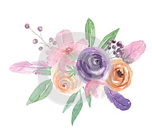 Watercolor Flowers Floral Painted Bouquet Feathers Berries