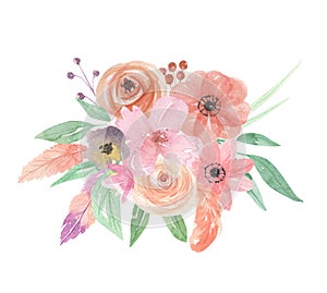 Watercolor Flowers Floral Painted Bouquet Feathers Berries