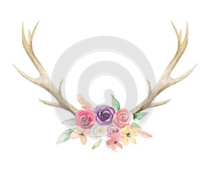 Watercolor Flowers Florals Antlers Deer Stag Horns Bone Painted photo