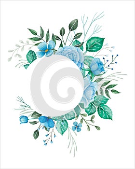 Watercolor flowers frame arrangement for wedding invitation with blue roses, buds and green leaves