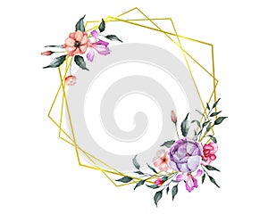 Watercolor Flowers Frame Clipart with Colorful Vintage Flowers and Green Leaves Illustration