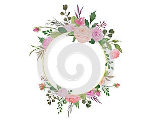 Watercolor Flowers Frame Clipart with Roses and Green Leaves Illustration