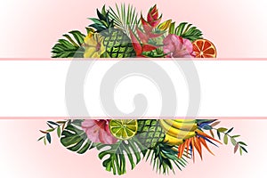 Watercolor flowers frame. with tropical palm leaves, bananas, pineapples, flowers. Seamless pattern