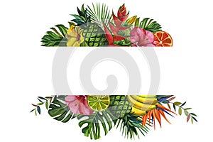 Watercolor flowers frame. with tropical palm leaves, bananas, pineapples, flowers. Seamless pattern