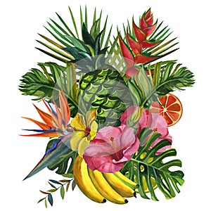 Watercolor flowers frame. with tropical palm leaves, bananas, pineapples, flowers. Seamless pattern