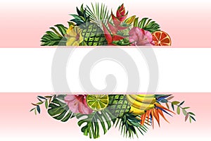 Watercolor flowers frame. with tropical palm leaves, bananas, pineapples, flowers. Seamless pattern