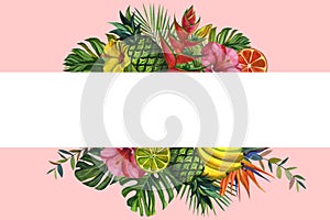 Watercolor flowers frame. with tropical palm leaves, bananas, pineapples, flowers. Seamless pattern