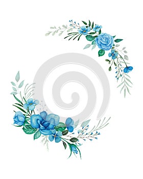 Watercolor flowers frame and wreath for wedding invitation with blue roses, buds and green leaves