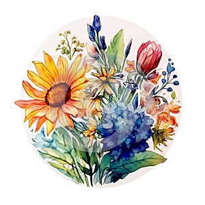 Watercolor flowers in a garden. Tulips, sunflower, grass, leaves