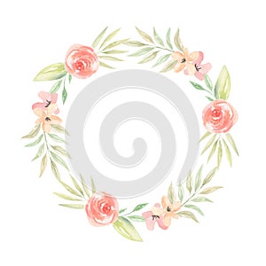 Watercolor Flowers Garland Floral Peach Coral Painted Wreath Leaves