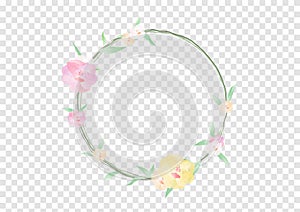 A Watercolor flowers and green leafs on the circle crownd with branch and rope, beautiful floral frame banner