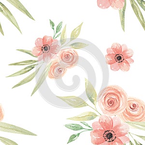 Watercolor Flowers Green Peach Tropical Seamless Pattern Leaves