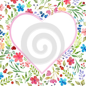 Watercolor floral heart frame for greeting cards, invitation.