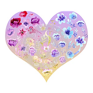 Watercolor flowers in heart, lovers day, valentones day