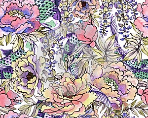 Watercolor flowers. Japanese seamless pattern.Asian ink print with chrysanthemum