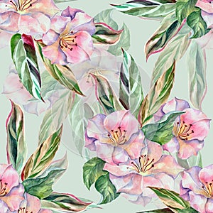 Watercolor flowers with leaves. Seamless pattern on light background.