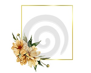 Watercolor flowers ornament with golden frame illustration