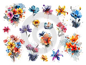 Watercolor flowers paint splashes abstract art decor, floral bouquet branch hand drawn flower collection vector