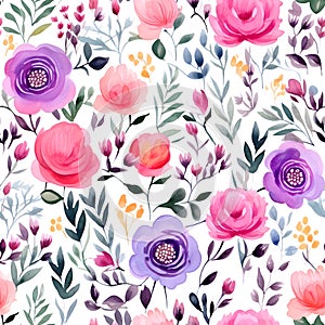 Watercolor flowers pattern, purple and pink tropical elements, green leaves, white background. Design for fashion , fabric,