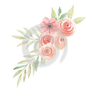 Watercolor Flowers Peach Bouquet Floral Coral Painted Arrangement Leaves