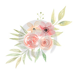 Watercolor Flowers Peach Coral Floral Bouquet Arrangement Leaves