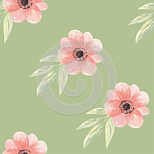 Watercolor Flowers Peach Green Floral Seamless Pattern Arrangement Leaves
