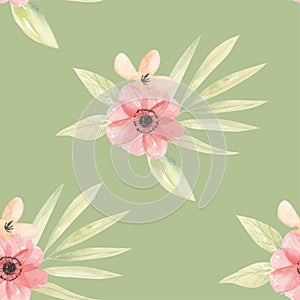 Watercolor Flowers Peach Green Floral Seamless Pattern Tropical Arrangement Leaves