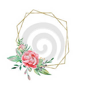 Watercolor flowers of peonies and a golden geometric frame.