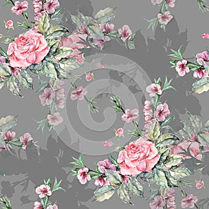 Watercolor flowers rose with peach. Floral seamless pattern.